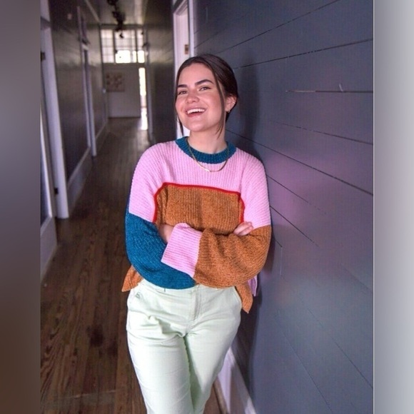 Urban Outfitters Chenille Color Block Side Slit Cropped Sweater - Picture 1 of 7